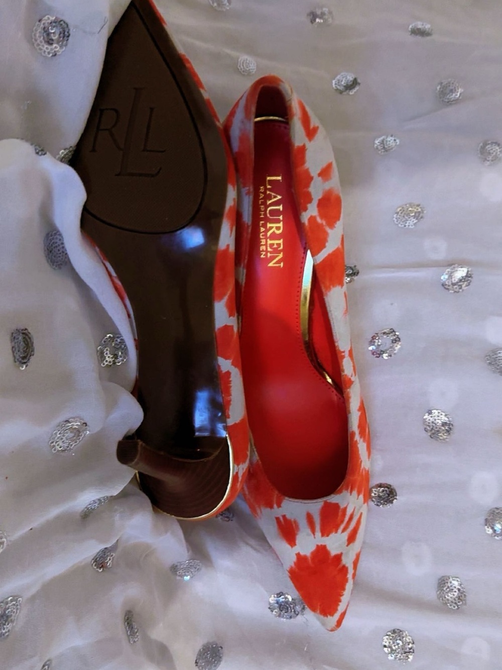 LAUREN Ralph Lauren Orange and White Patterned Pointed-Toe Pumps heels size 9.5B
